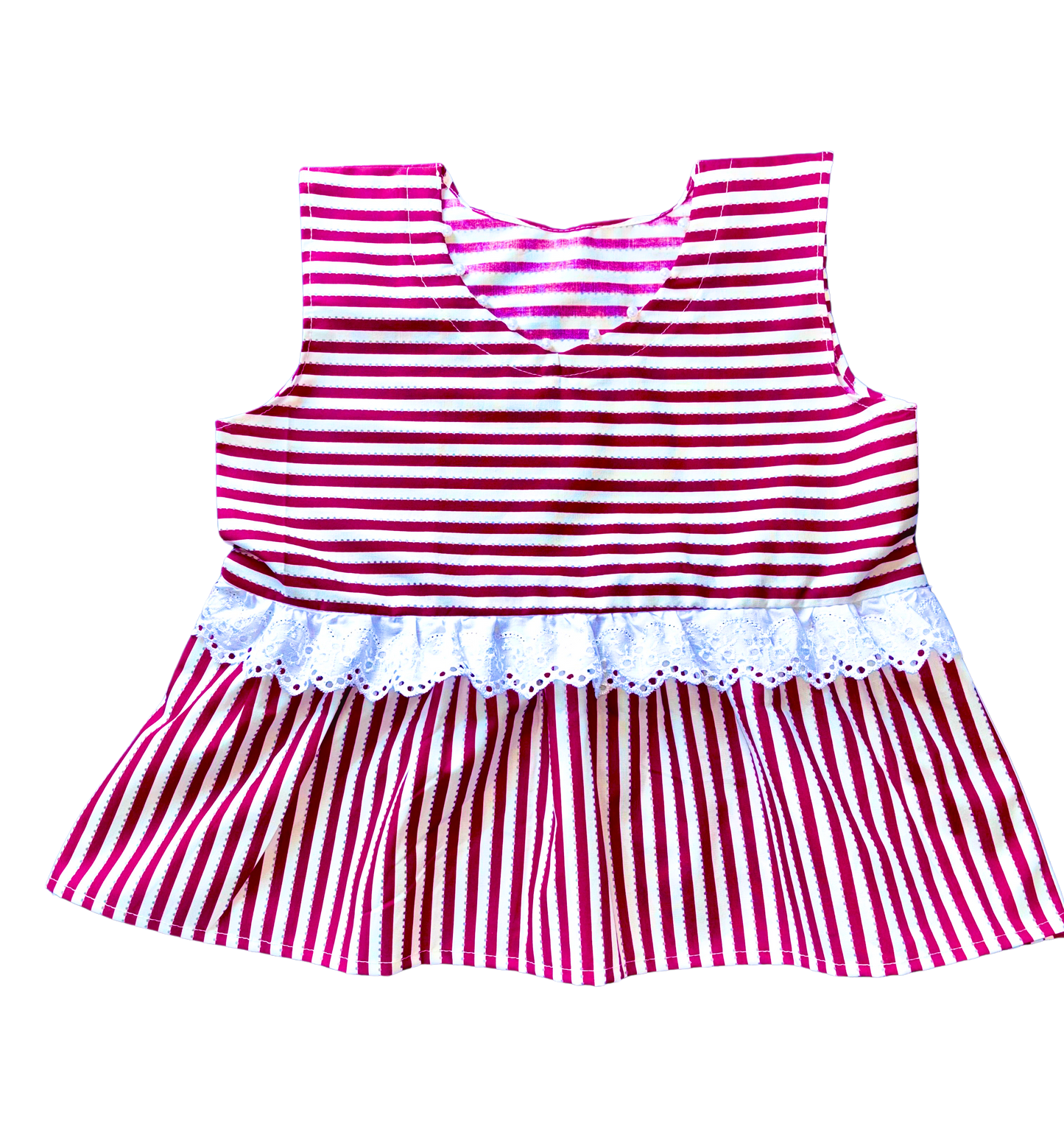 Pink Striped Baby Dress with Lace and Beaded Neckline