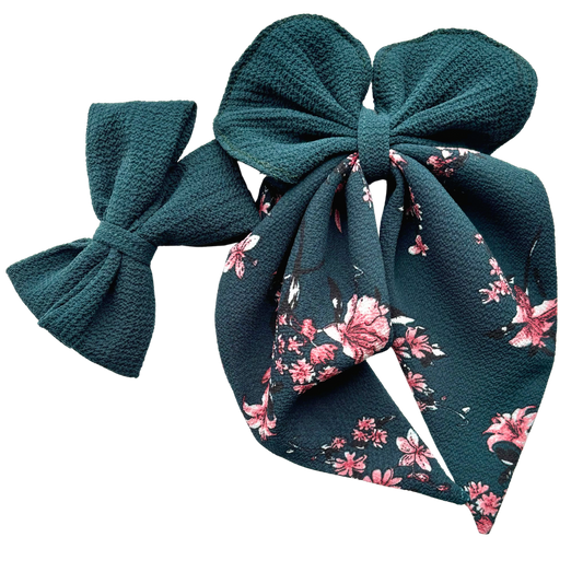 Dark Green Hair Bow Combo - Pink Floral Tailed & Plain Classic