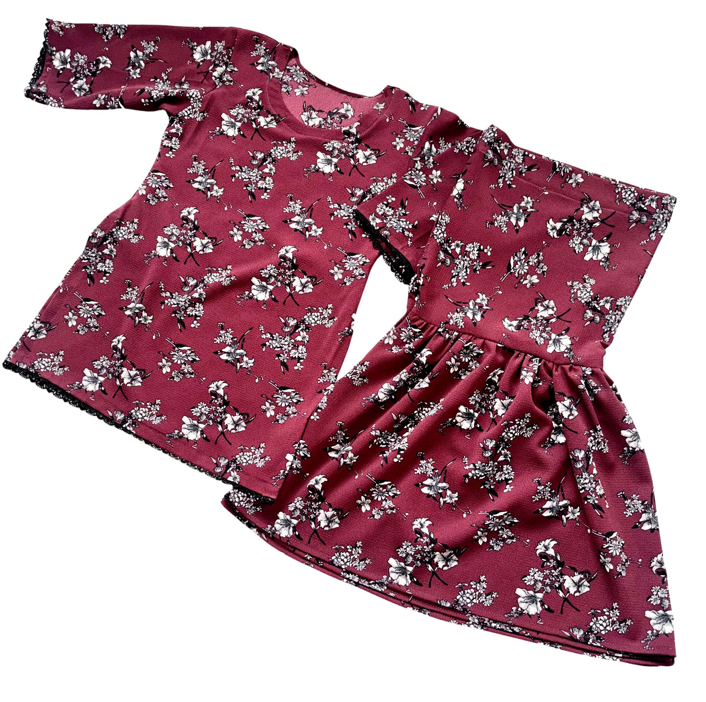 Burgundy Floral Kids Sharara Dress with Three-Quarter Sleeves