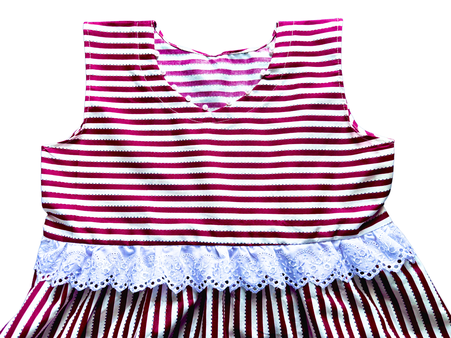 Pink Striped Baby Dress with Lace and Beaded Neckline