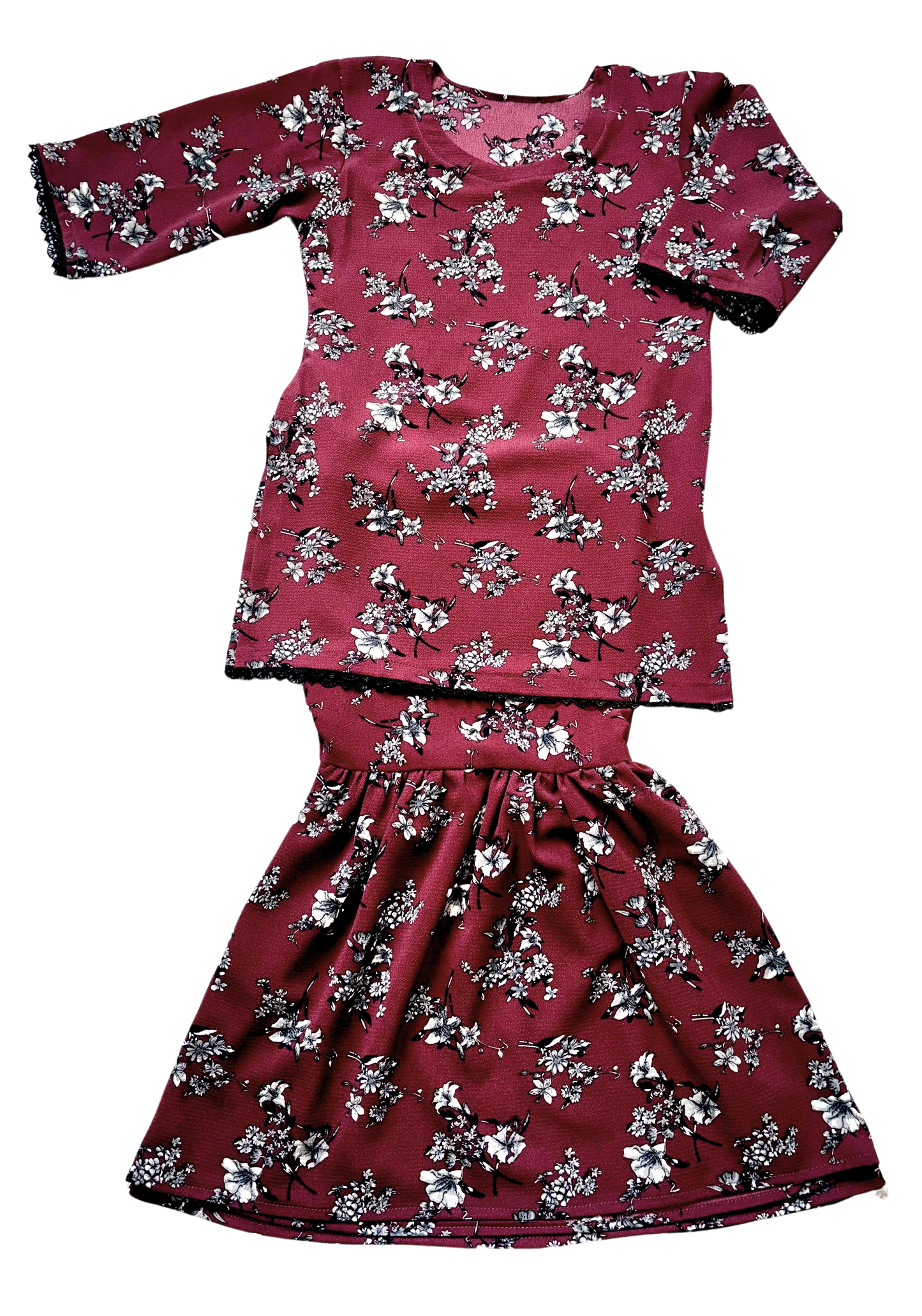 Burgundy Floral Kids Sharara Dress with Three-Quarter Sleeves