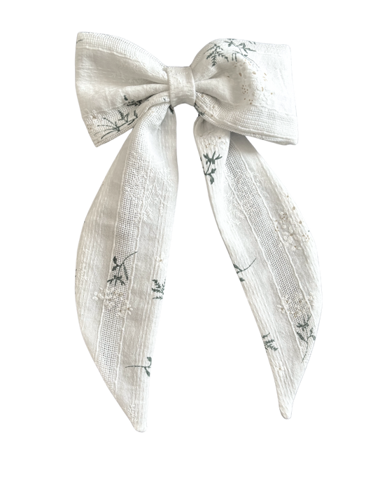 Gentle Floral Tailed Hair Bow - Embroidered