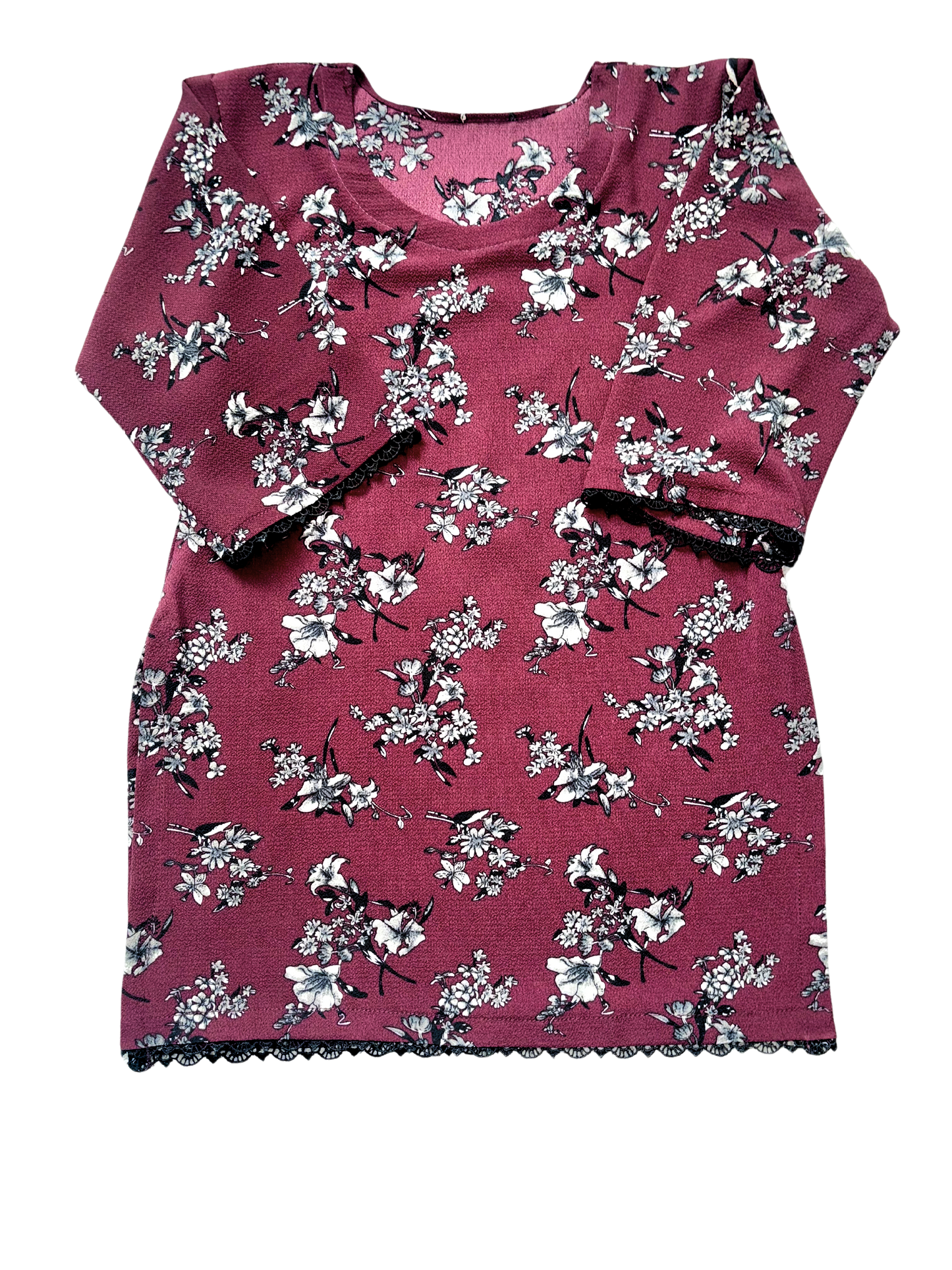 Burgundy Floral Kids Sharara Dress with Three-Quarter Sleeves