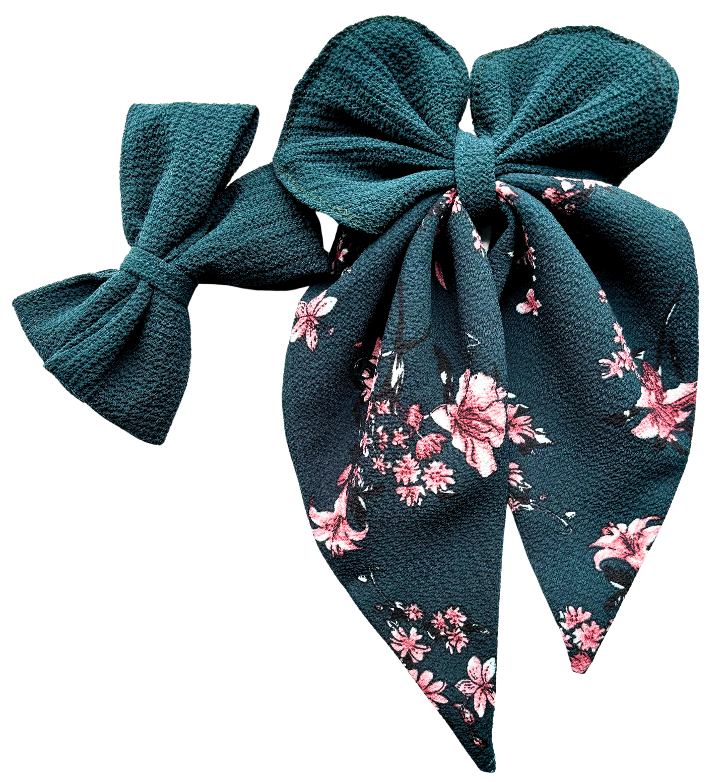 Dark Green Hair Bow Combo - Pink Floral Tailed & Plain Classic