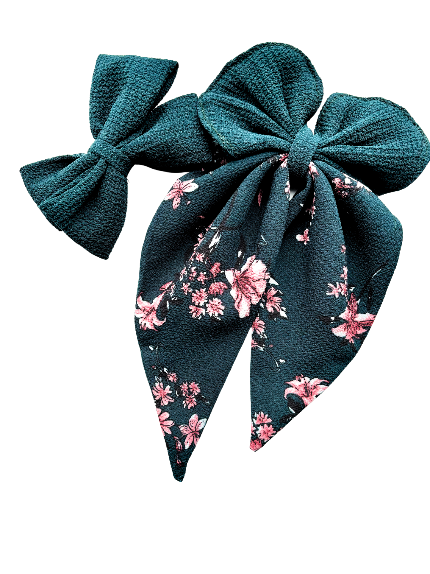 Dark Green Hair Bow Combo - Pink Floral Tailed & Plain Classic