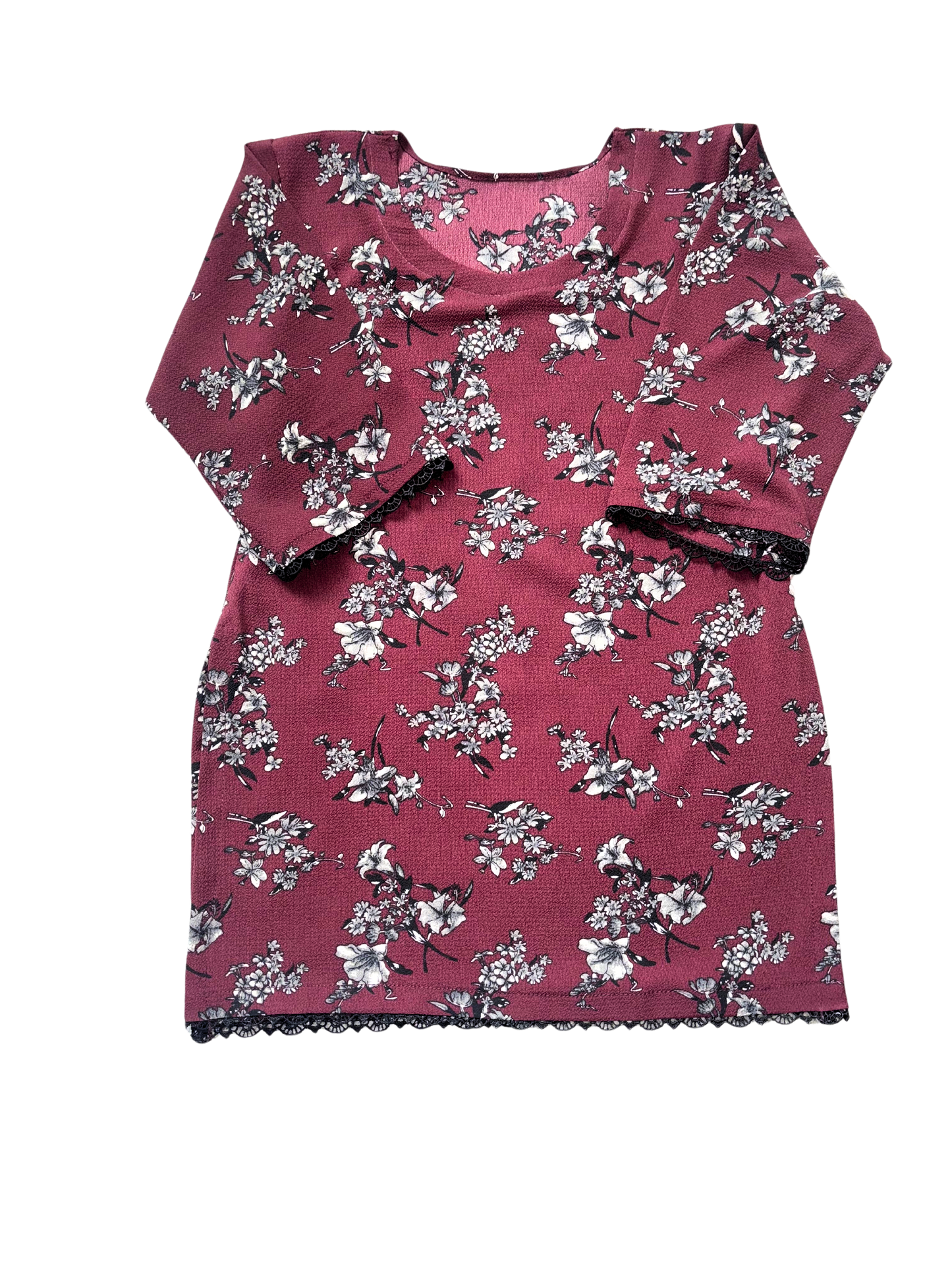 Burgundy Floral Kids Sharara Dress with Three-Quarter Sleeves